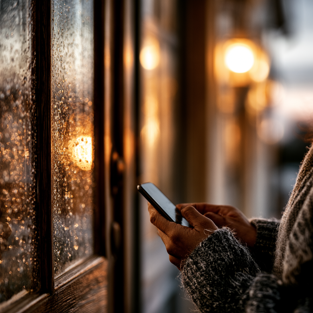 Hands holding a phone by a rain-covered window with warm light beyond